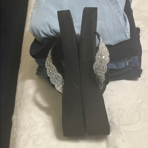 Yellow Box Black Sandals with Silver Rhinestones - Picture 2 of 5